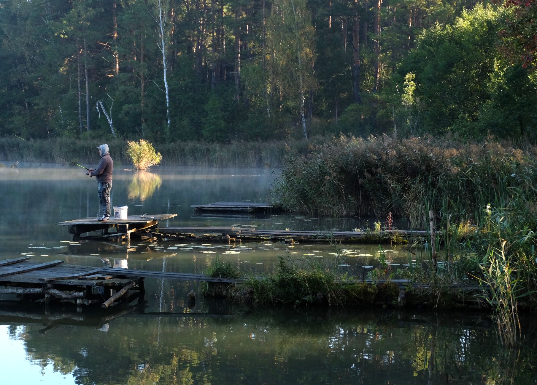 Ein Angler steht allein auf einem nebligen See umgeben von Wald, frühmorgens